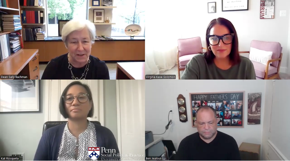 Screenshot of Dean Sally Bachman, Katherina Rosqueta, Ben Jealous, and Virginia Kase Solomon at the webinar.